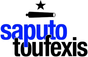 Saputo Toufexis Logo featuring the Texas star above a canon and interlocking Saputo Toufexis text in blue and black